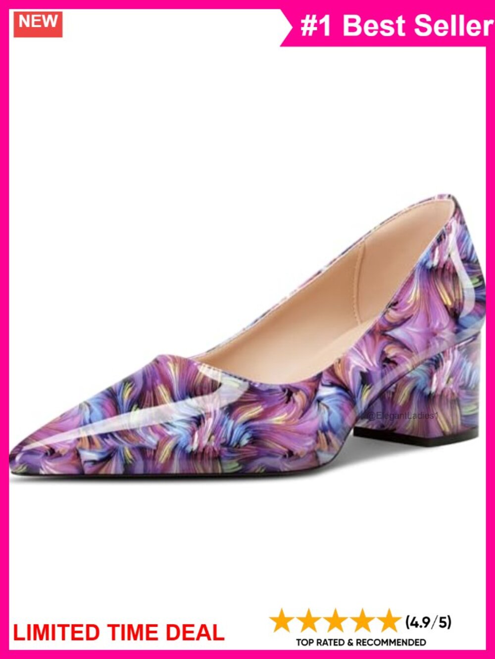 Chunky Block Mid Heel Pumps Pointed Toe Slip-On Office Party Patent Leather